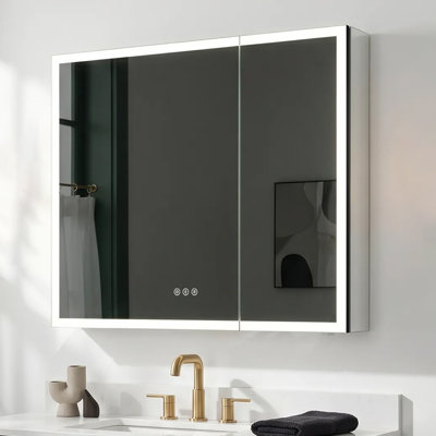Armoire à pharmacie noire 24 x 30 po avec charnière à droite, miroir et éclairage, cadre en alliage d'aluminium, branchement sur secteur/câblé, encastrable/mural, antibuée, éclairage à intensité variable 3 couleurs, 2 ports USB-C et USB-A, éclairage intérieur à détecteur de mouvement, 2 tablettes réglables