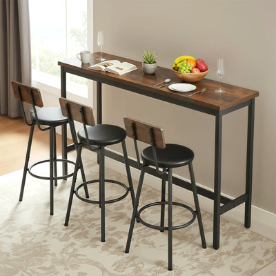 Ensemble de table de bar et de chaises pour 3, ensemble de table de salle à manger industriel 4 pièces avec 3 tabourets de bar rembourrés en polyuréthane, ensemble de table de bar pour la cuisine, la salle à manger, le salon, le bar, le café, le coin petit espace, brun rustique