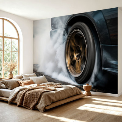Wall Mural Peel and Stick Wallpaper Drag car burn tire start line Self-Adhesive Removable Contact Paper Wall Decor for Living Room Bedroom 69"H x 96"W
