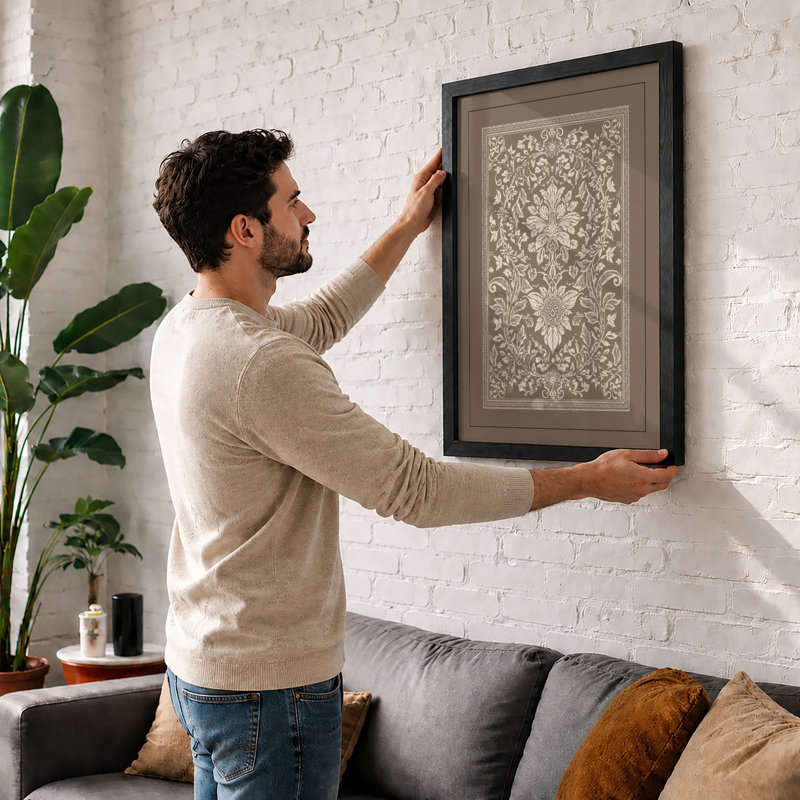 Ornamental Damask Botanical - Framed Print, A2 - 59.4 x 42.0 cm, Black