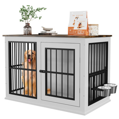 Mobilier de caisse pour chien de 39,7 pouces, chenil d'intérieur en bois robuste avec plateau relevable, bols amovibles et pieds réglables, table de bout moderne pour chiens de taille moyenne et grande