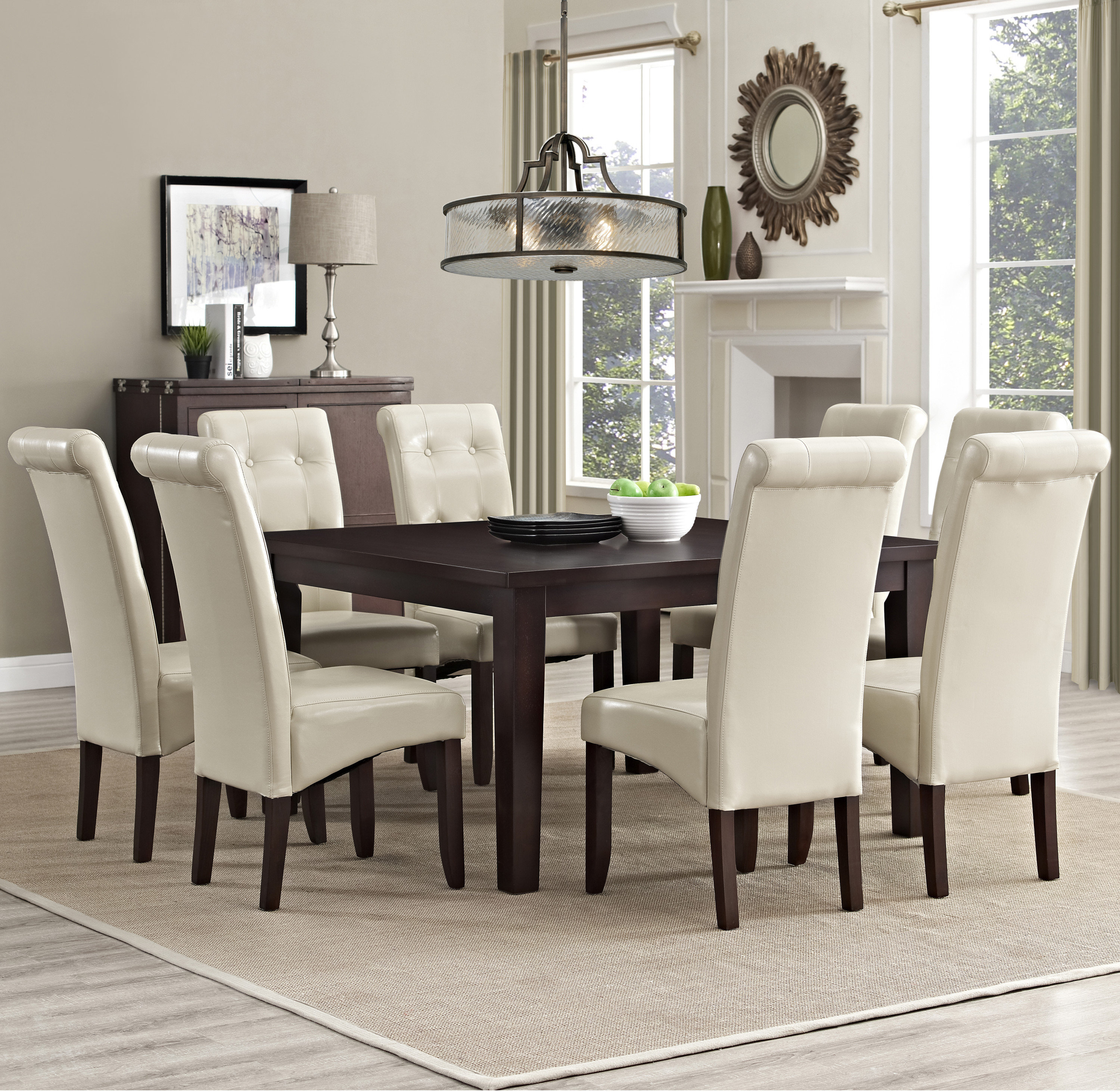 Simpli Home Cosmopolitan / Eastwood 9-Piece Contemporary Dining Set with  Solid Hardwood Square Table and 8 Upholstered Chairs \u0026 Reviews | Wayfair, image size:3000x2926