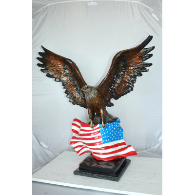 Eagle with American Flag Bronze Statue - Vappu Symbol of Strength & Freedom Decor, 32"L x14"W x 35"H