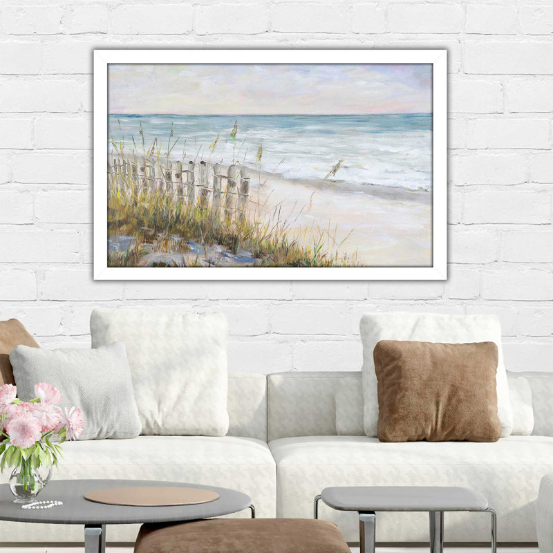 «Mist Ocean View» par Julie Derice - Peinture, H 21,5 po x l 27,5 po x P 0,75 po, Cadre blanc