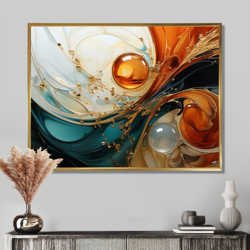 Orange et émeraude marbre lave IV - peinture abstraite, art mural, Cadre flottant doré, H 12 po x l 20 po x P 1 po
