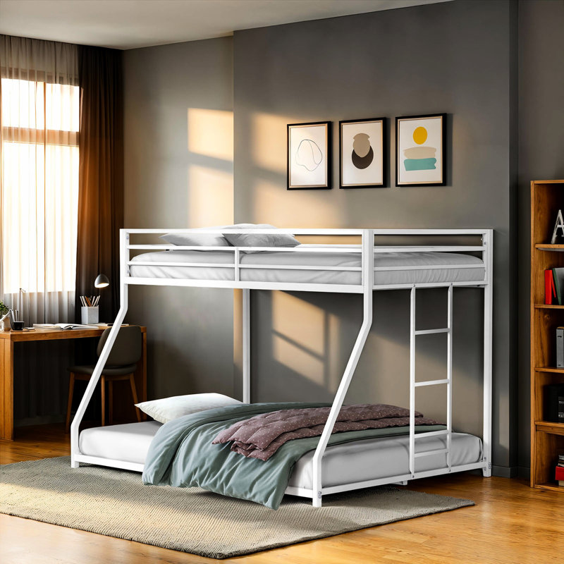 Matte White Full Metal Construction Twin Over Low Bunk Bed, Mattress Ready, Attached Reversible For Bedroom Decor White, ,
