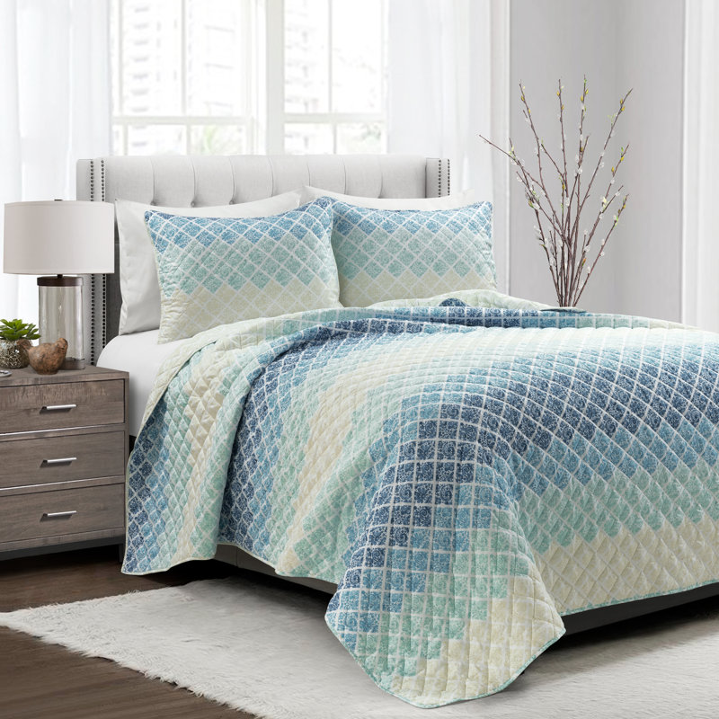 Ensemble de courtepointe réversible en microfibre jaune / gris 3 pièces Medallion, Grand, Bleu