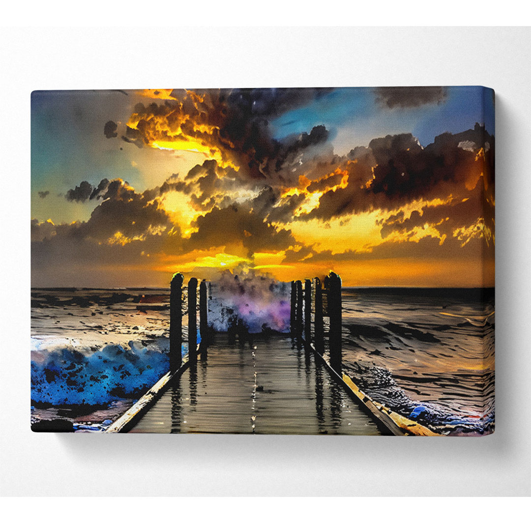 Wellen brechen am Pier bei Sonnenuntergang Leinwand Aquarell