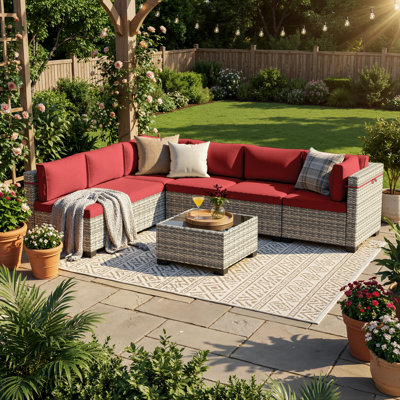 Ensemble de conversation modulaire d'extérieur 7 pièces avec osier en rotin PEHD, coussins et table basse, ensemble de conversation modulaire pour patio