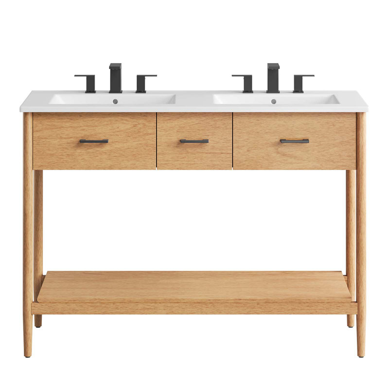 Modway Zaire 48'' Double Bathroom Vanity with Ceramic Top, Natural, White