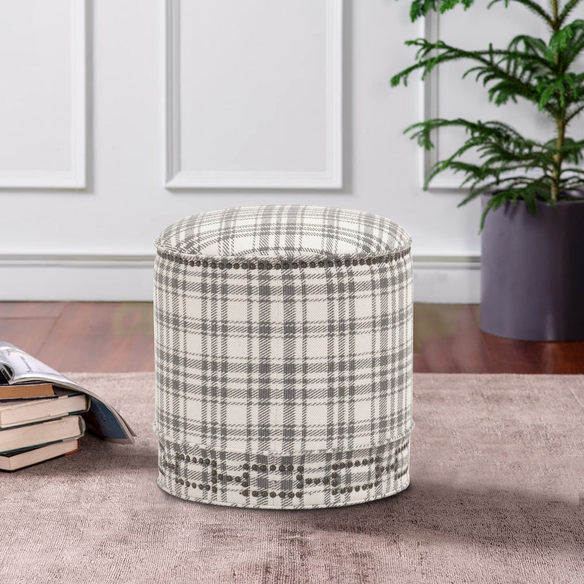 Gracie Oaks Magalena 18.5" Wide Round Plaid Standard Ottoman | Wayfair
