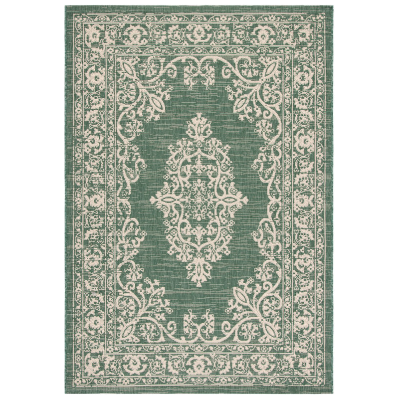 Courtyard Chic Dark Green and Beige 9' x 12' Synthetic Outdoor Rug