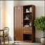 Armoire haute avec porte cannelée, 2 tiroirs et tablettes ouvertes