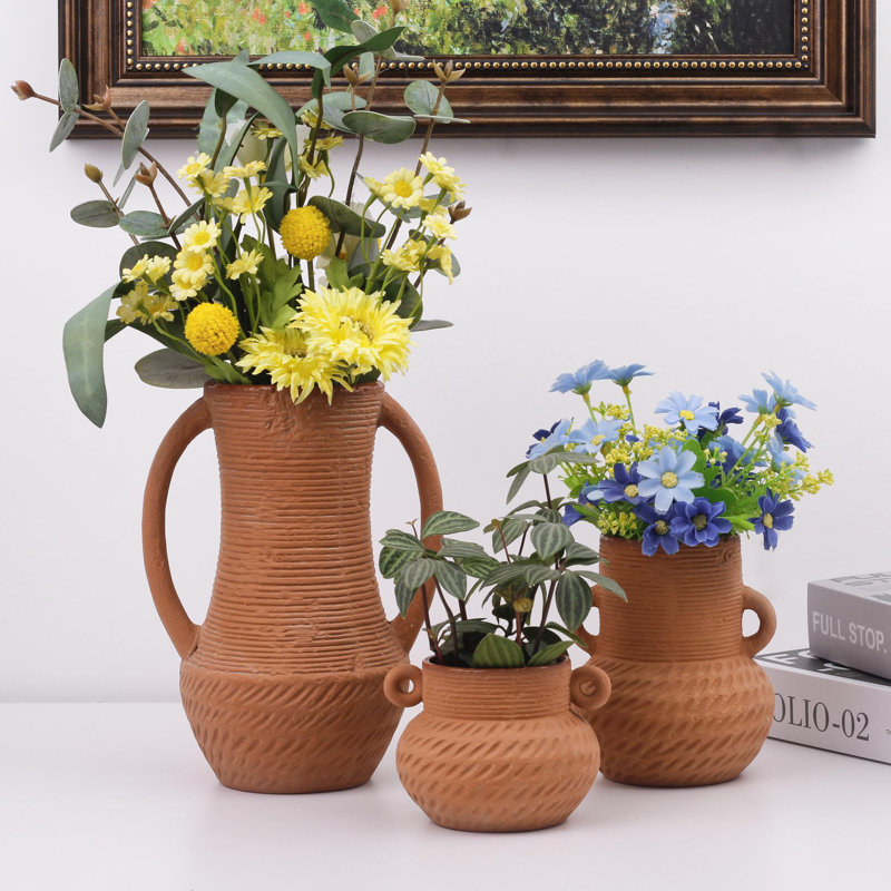 Ensembles de vases en terre cuite, décor de ferme, vase en céramique pour fleurs, vases de décoration rustique à large ouverture pour fleurs, salon, table, tablette et accessoires (3)