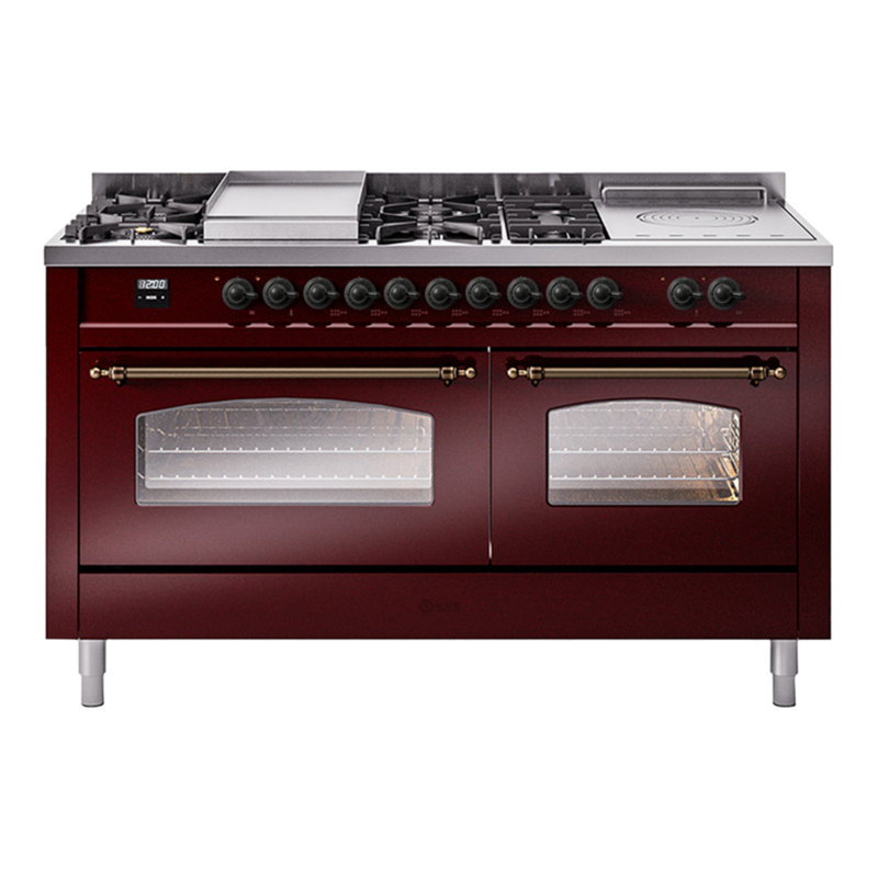ILVE Nostalgie II 60 Dual Fuel Range, 5 Burners, Griddle, Frenchtop , Natural Gas, Burgundy/Bronze
