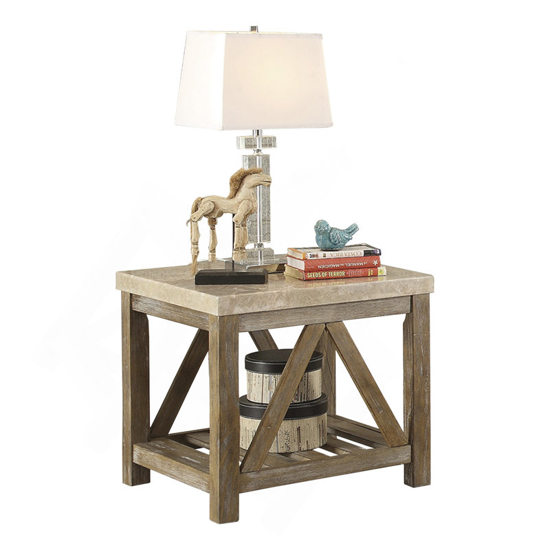 Industrial Style Angled Support 1Pc End Table With Bottom Shelf Marble Top Creamy White Wooden Living Room Furniture Side Table