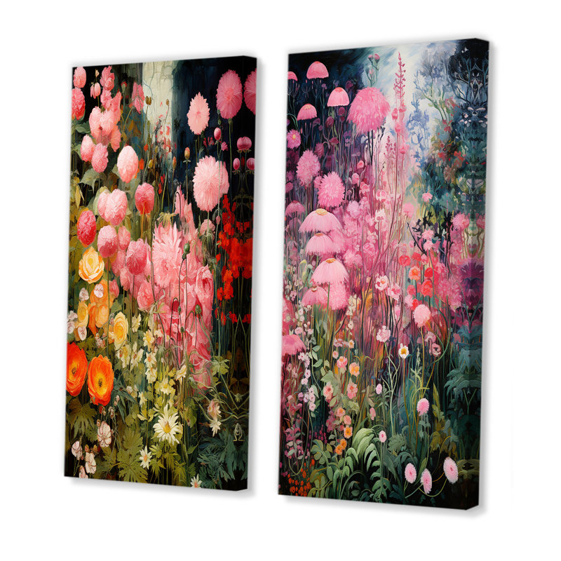 Enigma - Fleurs de jardin roses et vertes IV - ensemble de 2 reproductions d'art sur toile florales, Toile tendue