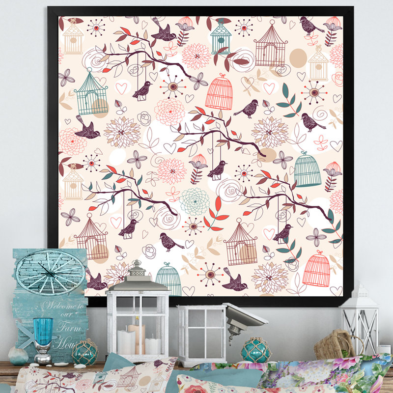 Motif d'oiseaux - peinture, Impression noire sur toile encadrée, H 16 po x l 16 po x P 1 po