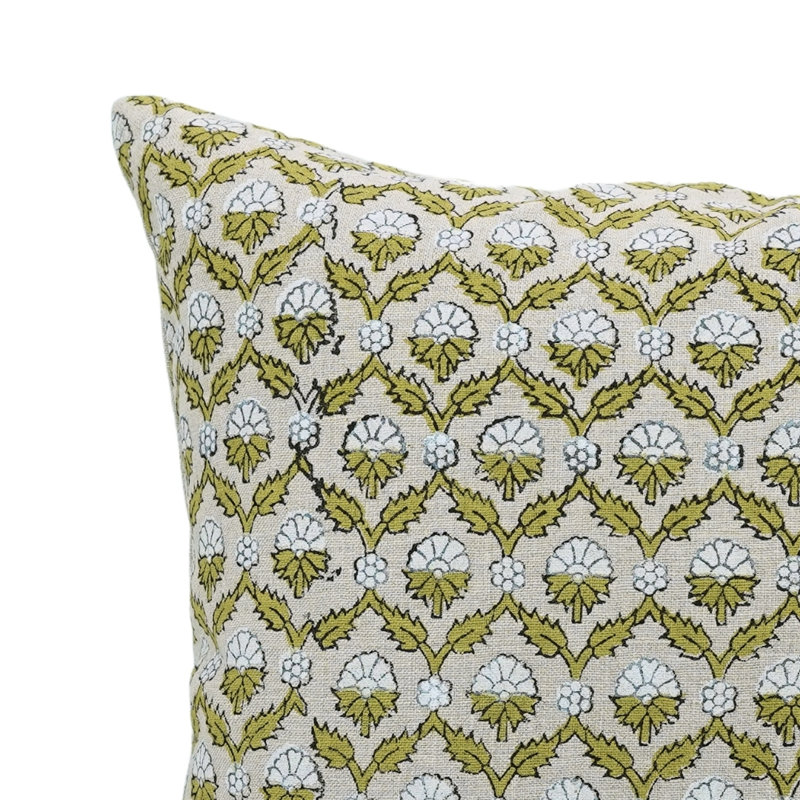 Coussin décoratif Fabividine Boho, lombaire floral, coton pur (Shehnaaz, vert), H 12 po x l 20 po