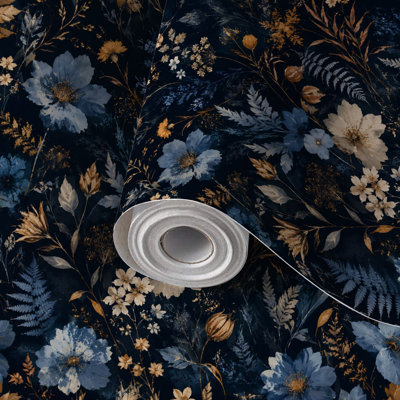 Peel and Stick PVC Wallpaper, Removable Self-Adhesive Wall Covering With Elegant Botanical Gold Blue Leaf Designs Dark Print, Waterproof for Home Decor - Roll