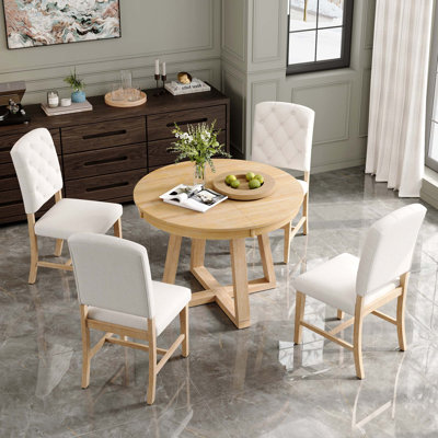 Retro 5-Piece Dining Set with Extendable Round Table and Upholstered Chairs