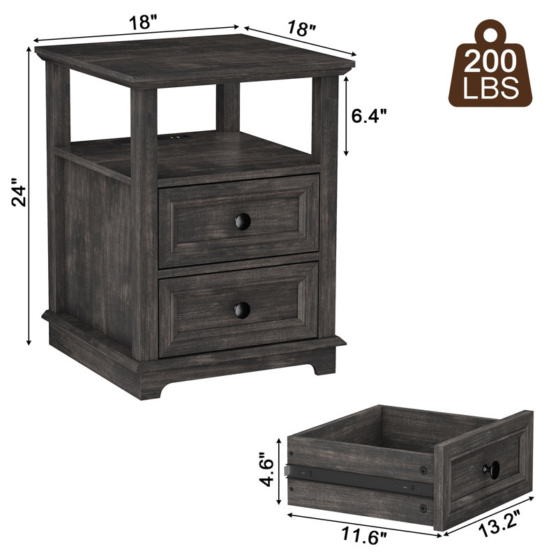 Azella Frame 2 End Table Set with Storage and Built-In Outlets, Black Top/Black Base