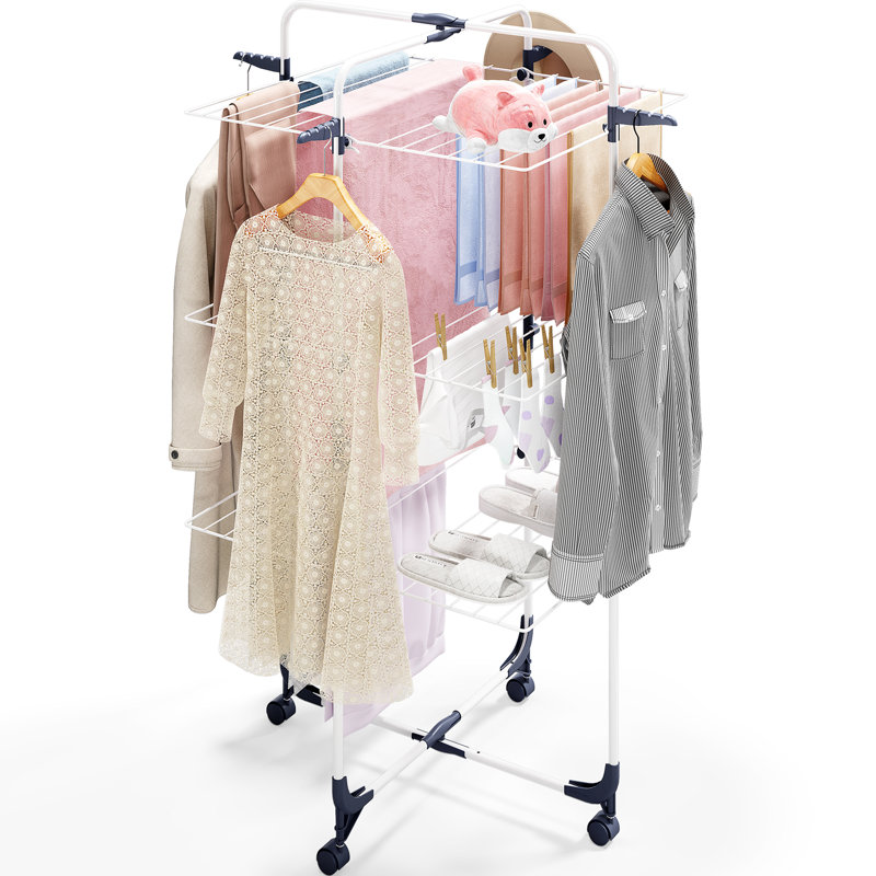 Séchoir à vêtements, support à linge pliable à 3 niveaux, station de séchage pour vêtements avec roues et 4 crochets, utilisation à l'intérieur et à l'extérieur, séchoir à linge
