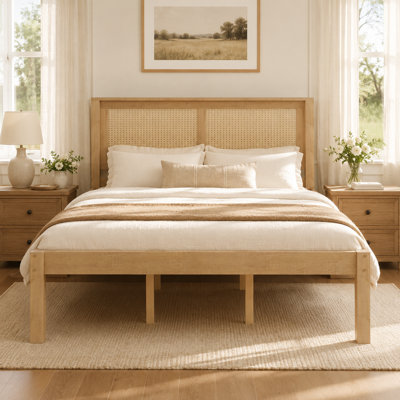 Carnahan Queen Solid Wood Platform Bed with Woven Rattan Headboard and Storage Clearance