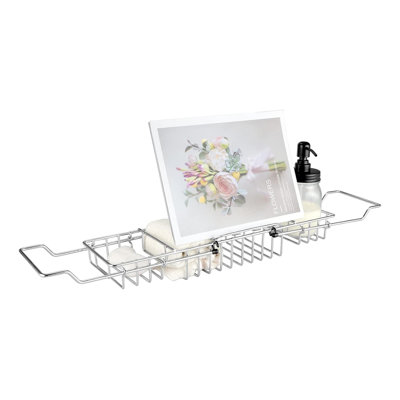 Plateau de chariot de douche en acier inoxydable avec porte-livre amovible, plateau de plateau de baignoire extensible de style européen - Argent