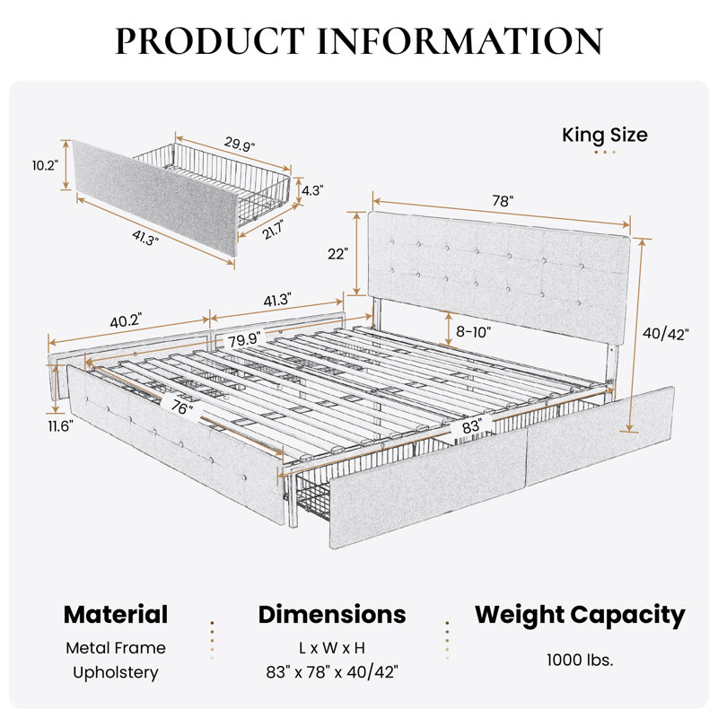 Deyani Storage Platform Bed with 4 Drawers and Adjustable Headboard, Block Square Stitched Linen Headboard, King, Dark Gray