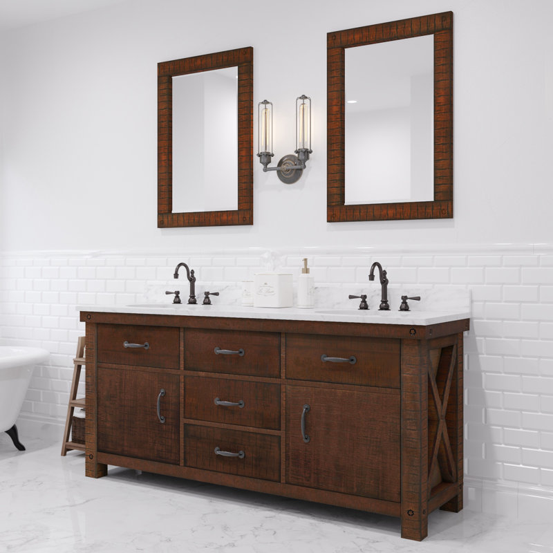 Meuble-lavabo avec miroir Aberdeen, Blanc de Carrare, Terre de Sienne rustique, Robinet inclus