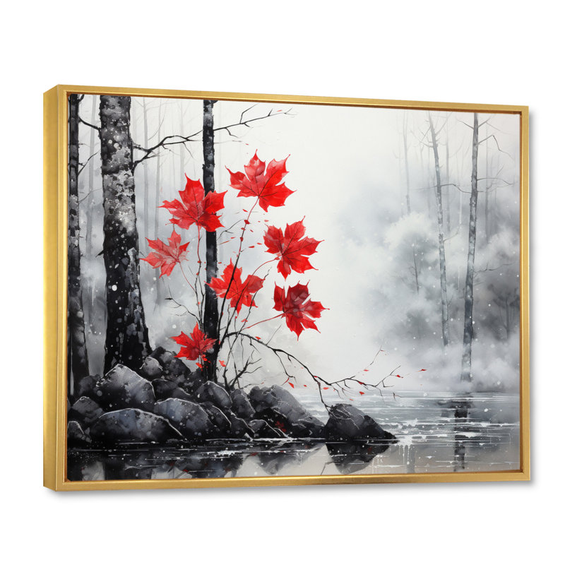 Bianchina, forêt monochrome rouge minimaliste II - forêt, art mural, Cadre flottant doré, H 16 po x l 32 po x P 1 po