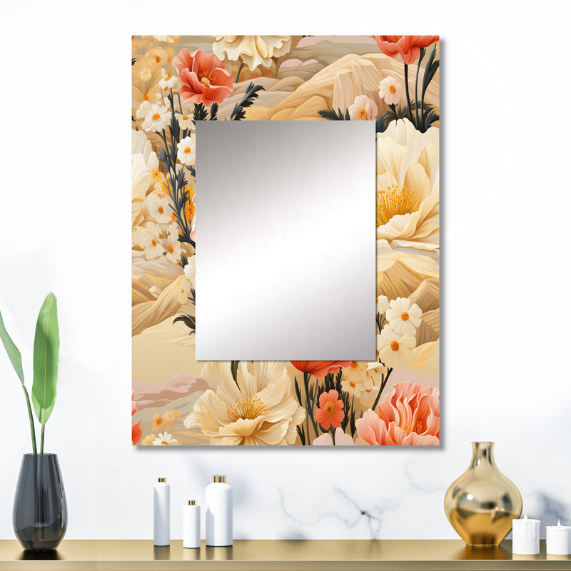 Pivoine Dowy Sandy beige pivoines - grand miroir mural floral, miroir décoratif floral, impression d'art en métal