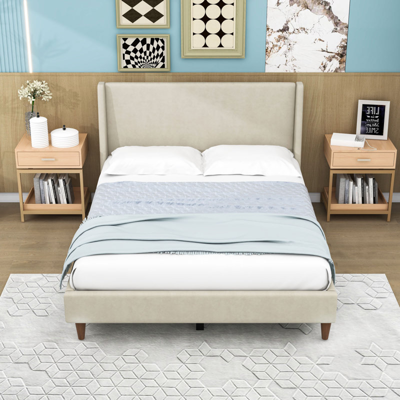 Lit plateforme en velours avec tête de lit et lattes Elegant, Grand lit, Beige