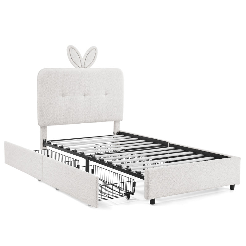 Twin Size Kids Upholstered Bed with Oversized Rabbit Ear Headboard, LED Light & 4 Storage Drawers, Boucle Fabric (79.5''X40.75''X41'')