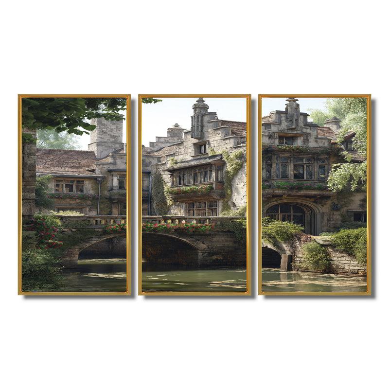 Noisettier - Ensemble d'art mural châteaux, Cadre flottant doré, H 32 po x l 48 po x P 1 po