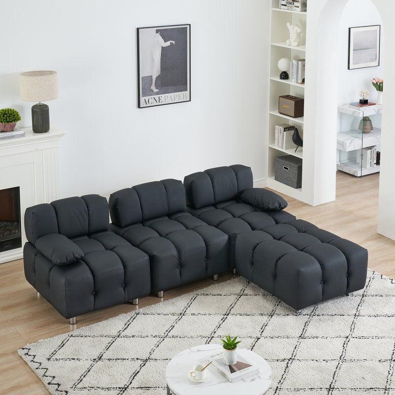 Canapé capitonné capitonné, Cuir noir, H 27,56 po x l 89 po x P 33,46 po
