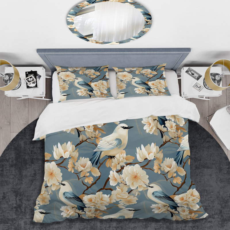 Ensemble de housse de couette Beige and Blue Bird Flower II, Housse de couette pour grand lit et 2 taies décor