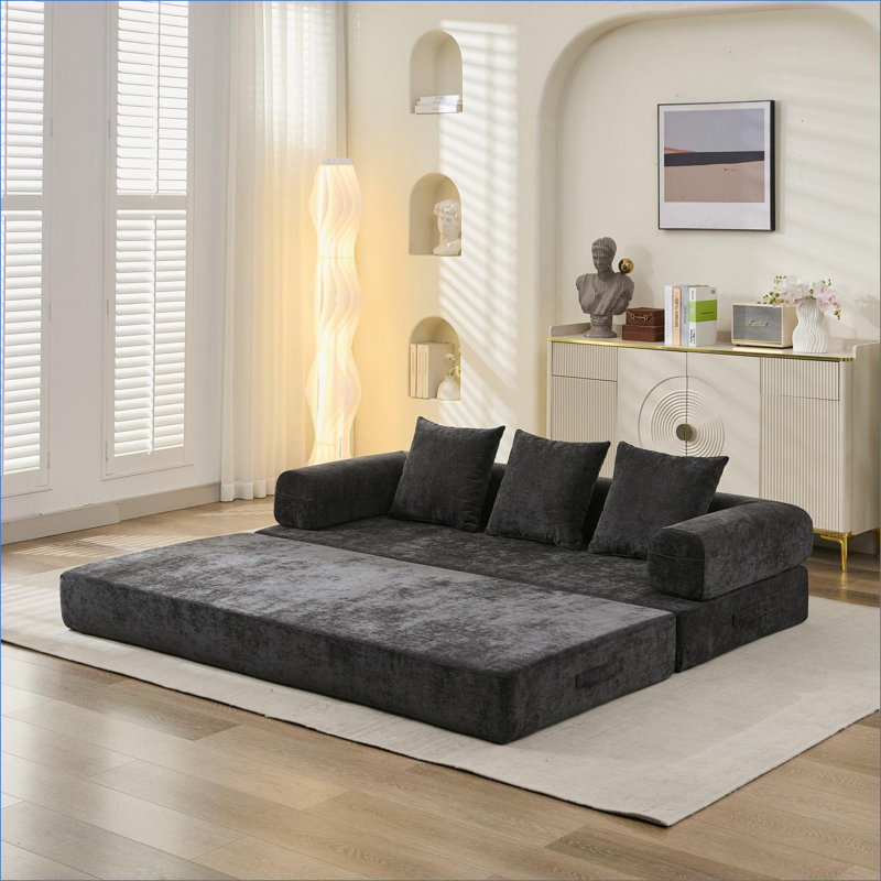 Canapés, canapé-lit pliant convertible moderne pour le salon et la chambre à coucher Studio | Noir | Chenille, Chenille noir