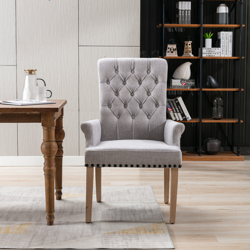 20.5'' H Tufted Linen Upholstered Oak Armchair, Gray
