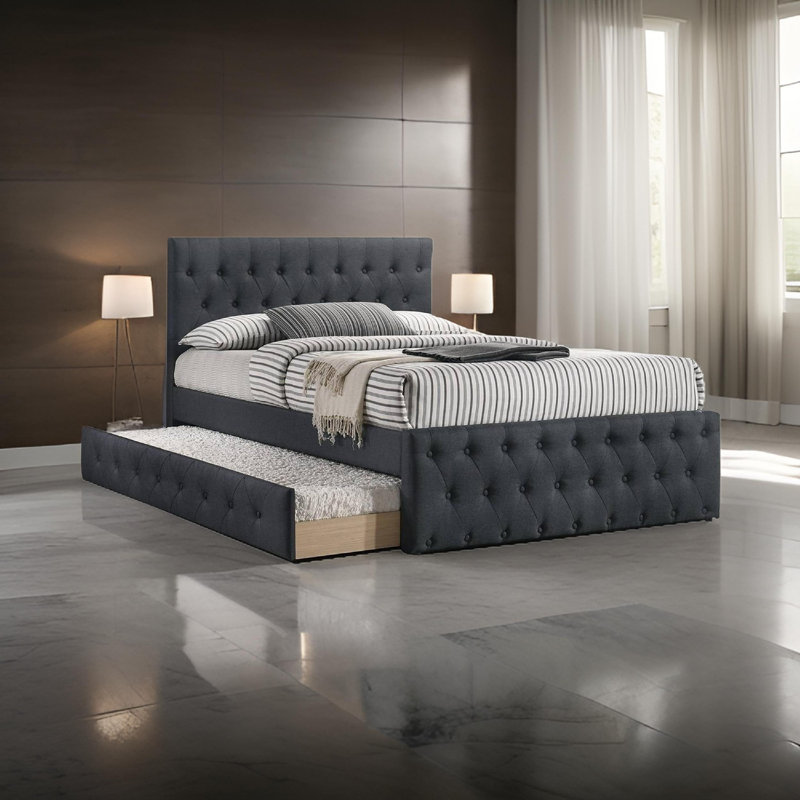 Lit plateforme tapissier rembourré, Double, Gris charbon