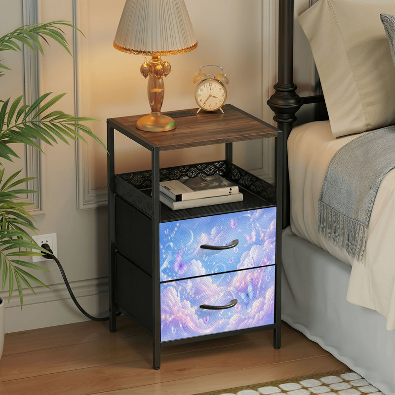 Table de chevet 2 tiroirs avec station de charge, table de chevet pour chambre avec ports USB et amp; Outlets, tablette ouverte noire, table de chevet avec imprimé de rubans de nuages pastel fantaisistes