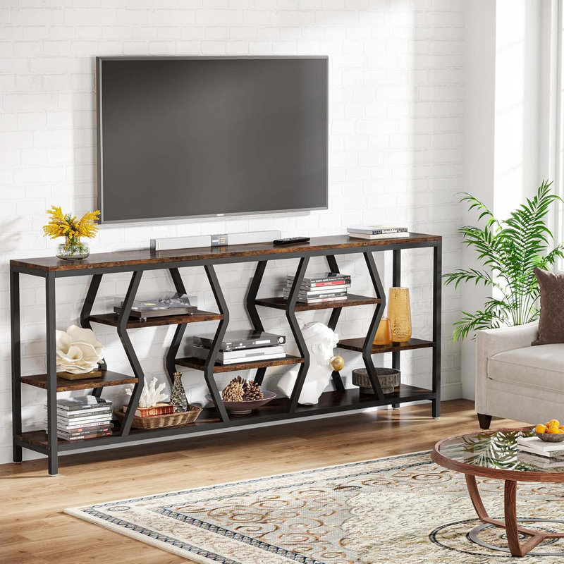 709 Inch Industrial Sofa Console Table With 4 Tier Wood Storage Shelves For Hallway, Living Room, Foyer