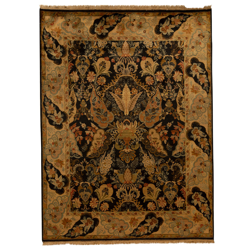 Hand Knotted Wool Oriental Area Rug in Black And Ivory