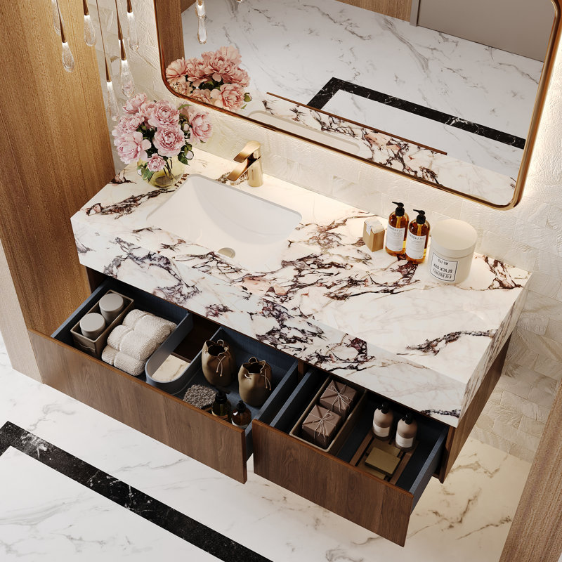 Meuble-lavabo de luxe moderne 48 po avec lavabo, plateau de table en faux marbre brillant, tiroirs en bois brun
