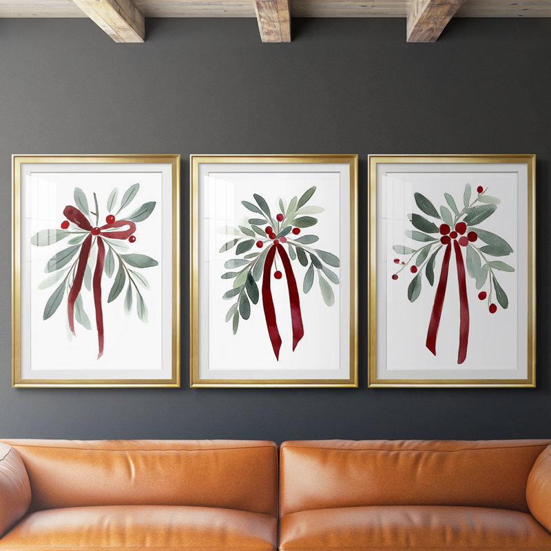 Christmas Holiday Art XVIII - Custom encadrée de qualité supérieure avec mat - 3 pièces, H 15 po x l 19 po, Doré