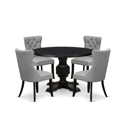 5 Piece Dining Table Set Contains a 48" Round Table with Pedestal and 4 Light Gray Polyester Fabric Parson Chairs, Sand Blasted Black