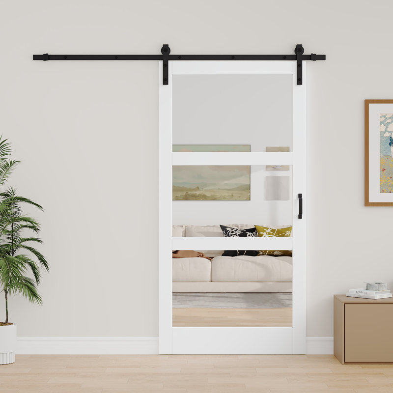 Porte de grange en verre massif et manufacturé avec miroir, 42 po x 84 po, Avec fermeture en douceur