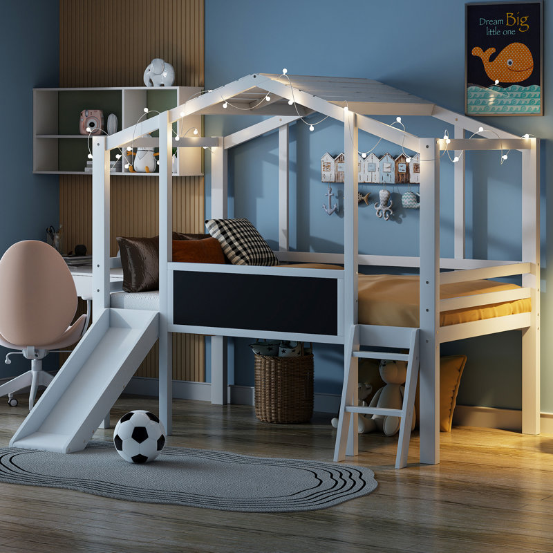Twin Size Loft Bed With Ladder And Slide, Blackboard And Light Strip