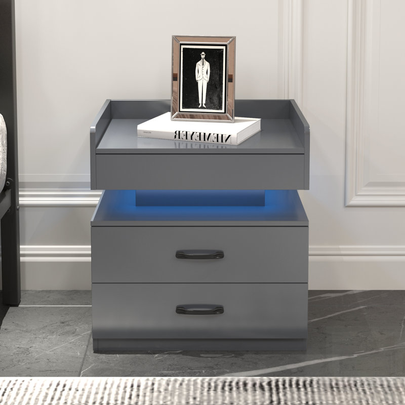 Table de chevet polyvalente avec bande de lumière DEL réglable, 2 tiroirs et grand rangement, parfaite pour le chevet ou le salon